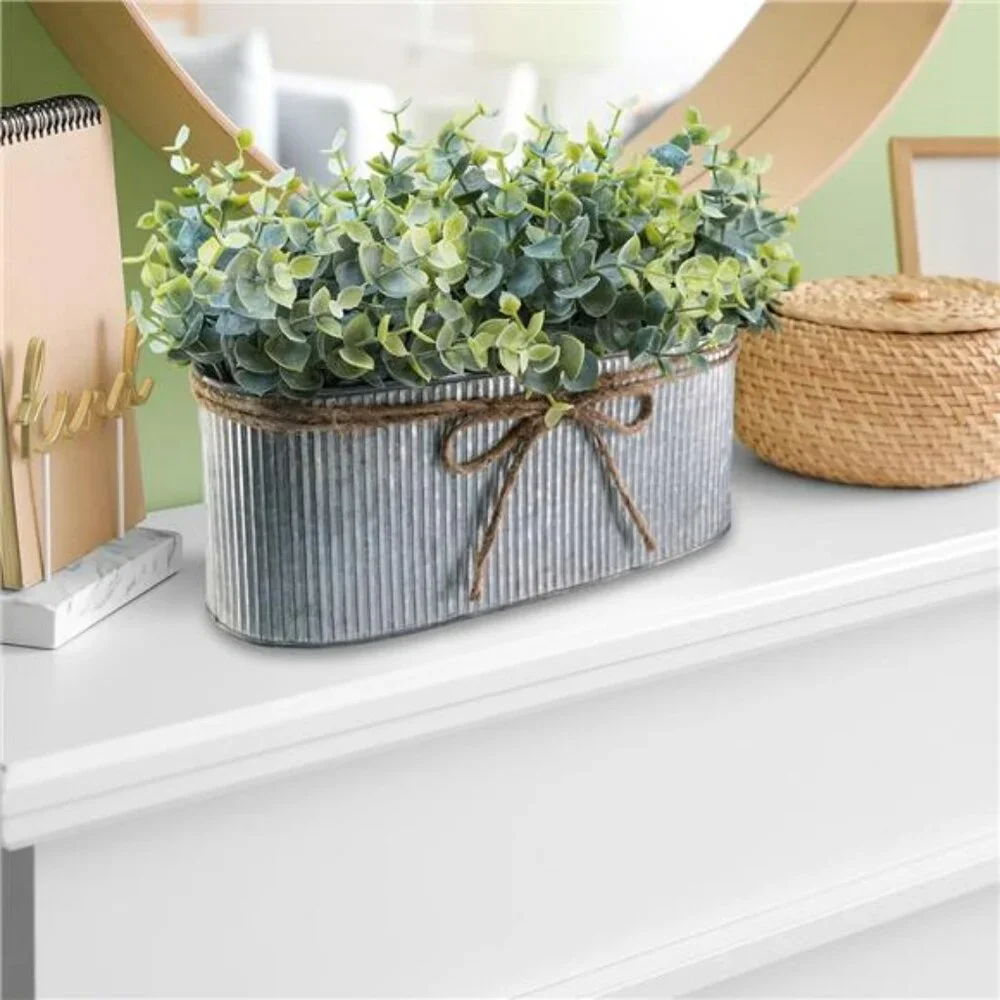 Artificial eucalyptus arrangement rustic galvanized planter farmhouse table deco